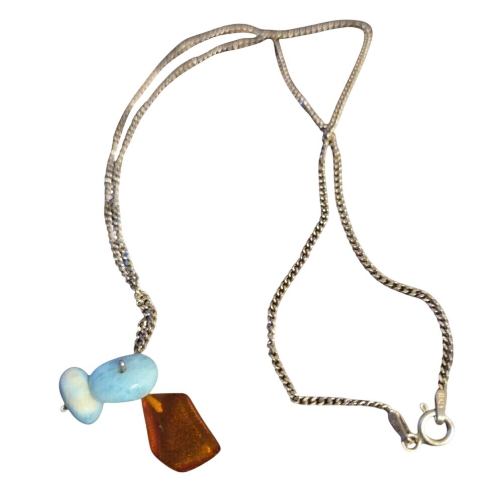 Vintage Italy 925 Sterling Silver Larimar Amber Glass‎ Charm Necklace 18 Inch